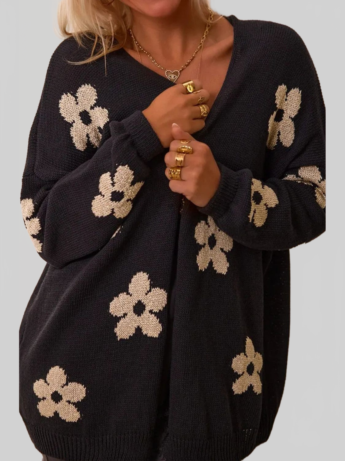 Women Flower Open Front Long Sleeve Cardigan Sweater NicholesGifts