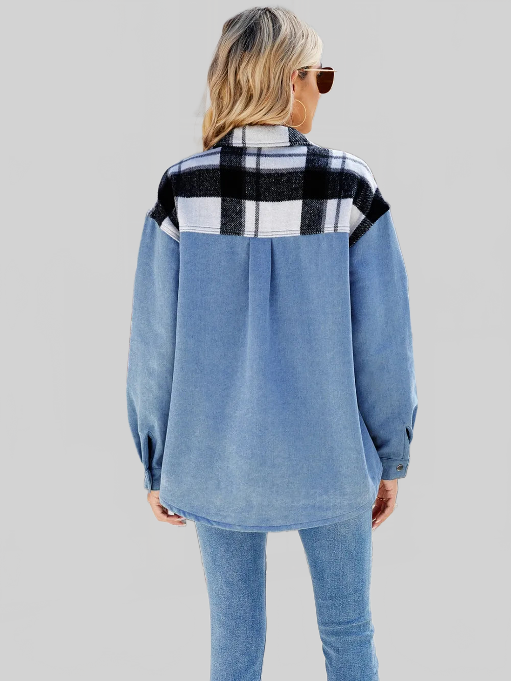 Pocketed Plaid Snap Down Denim Jacket nicholesgifts