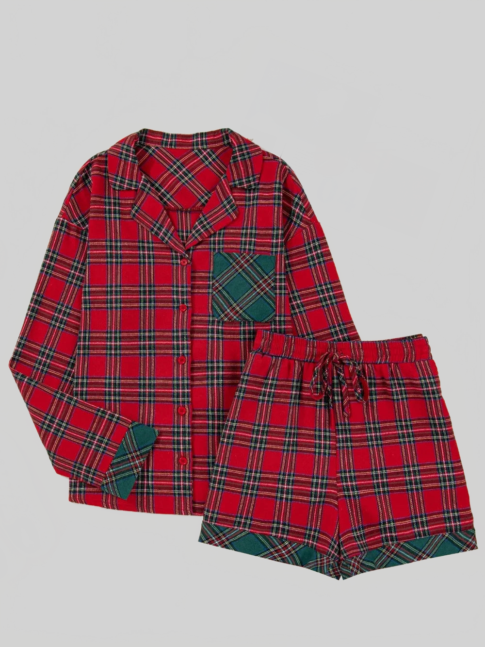 Plaid Contrast Patched Christmas Holiday Long Sleeve Shirt and Short 2pcs Pajama Set nicholesgifts
