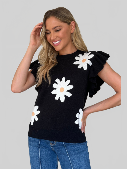 Women Double Take Full Size Ruffled Flower Round Neck Cap Sleeve Black Top nicholesgifts