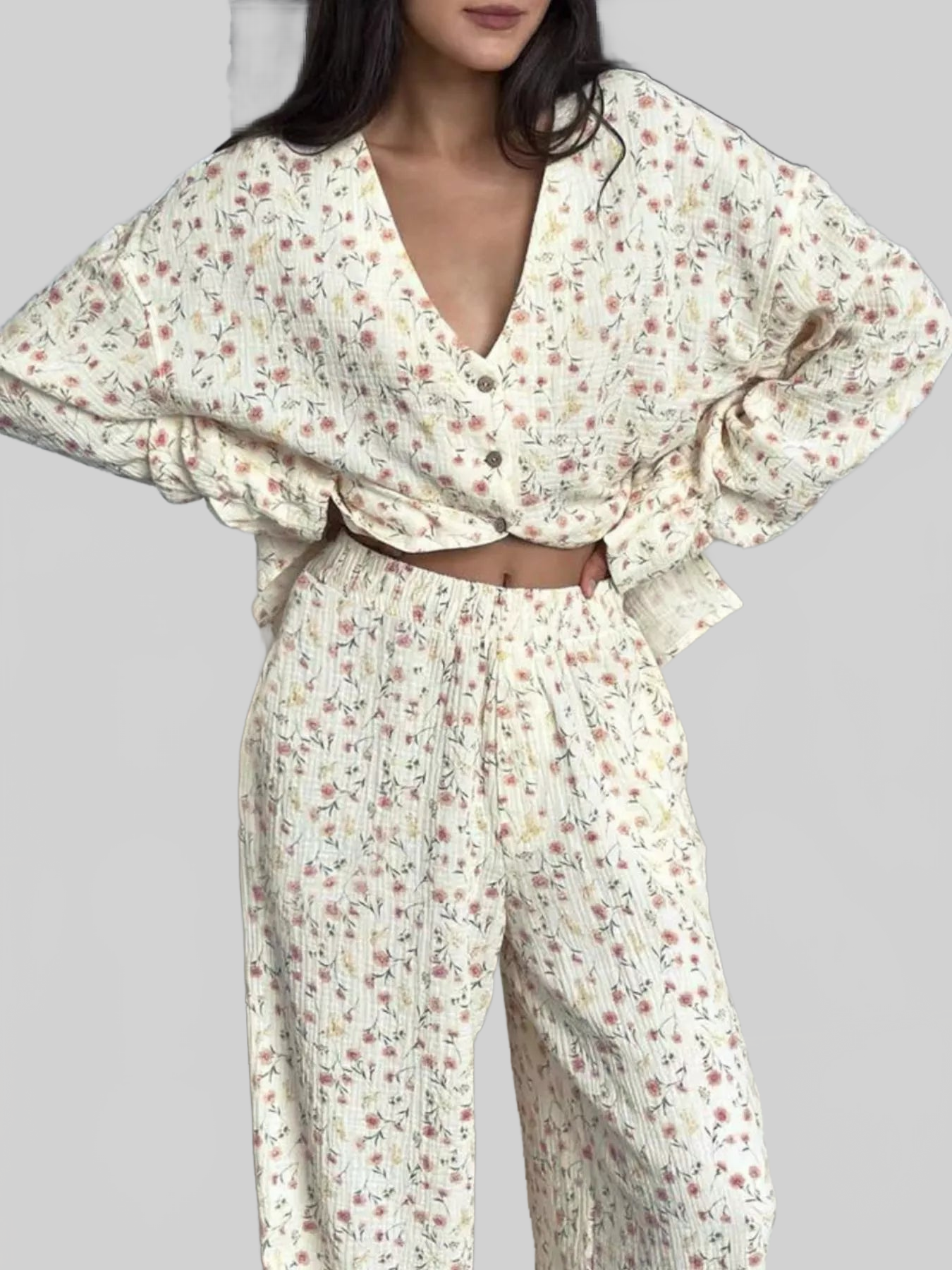 Floral Print Button-Down Top and Pants Lounge Set nicholesgifts