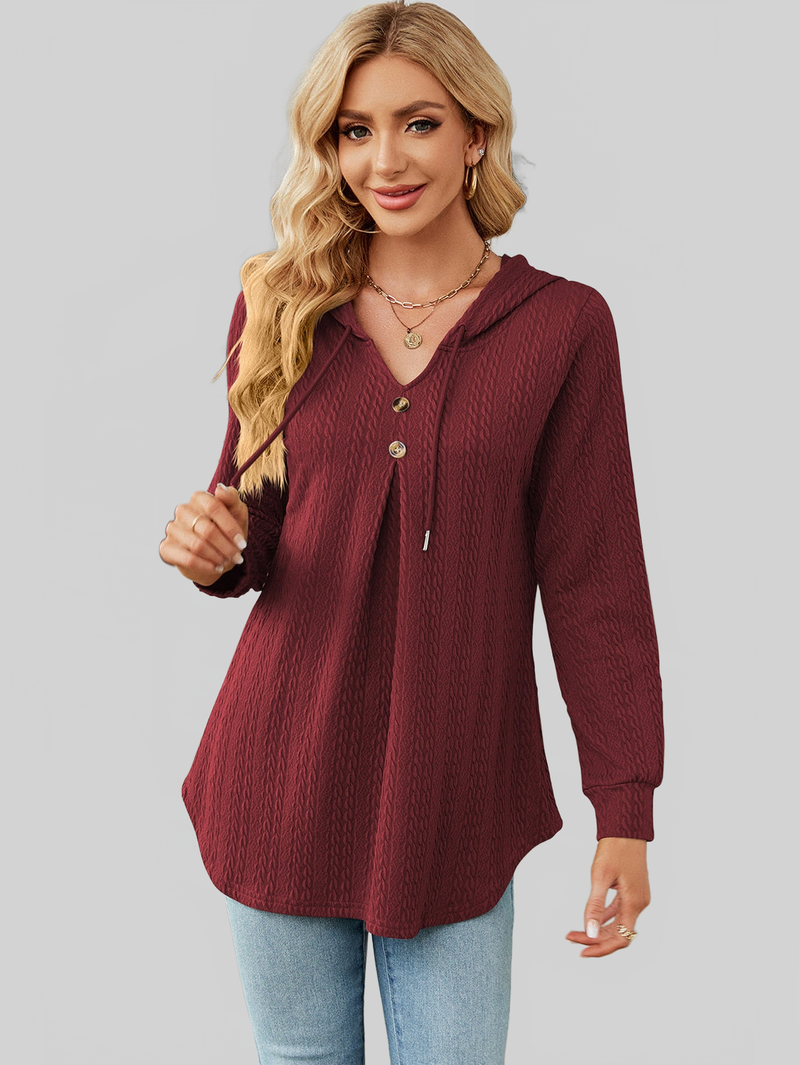 NicholesGifts Women Decorative Button Drawstring Long Sleeve Hoodie NicholesGifts