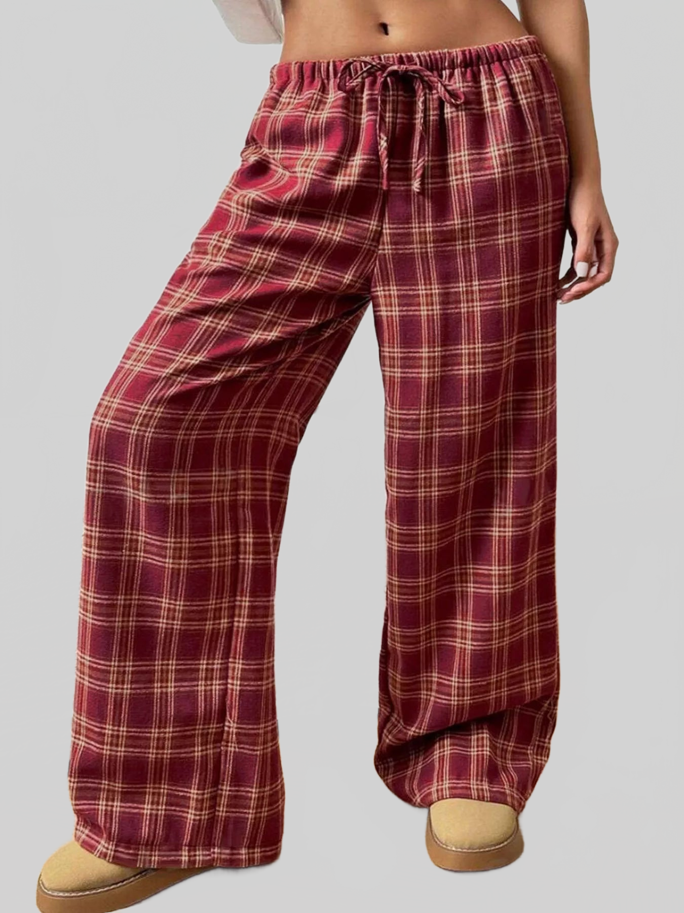 Women Plaid Drawstring Wide Leg Pants nicholesgifts