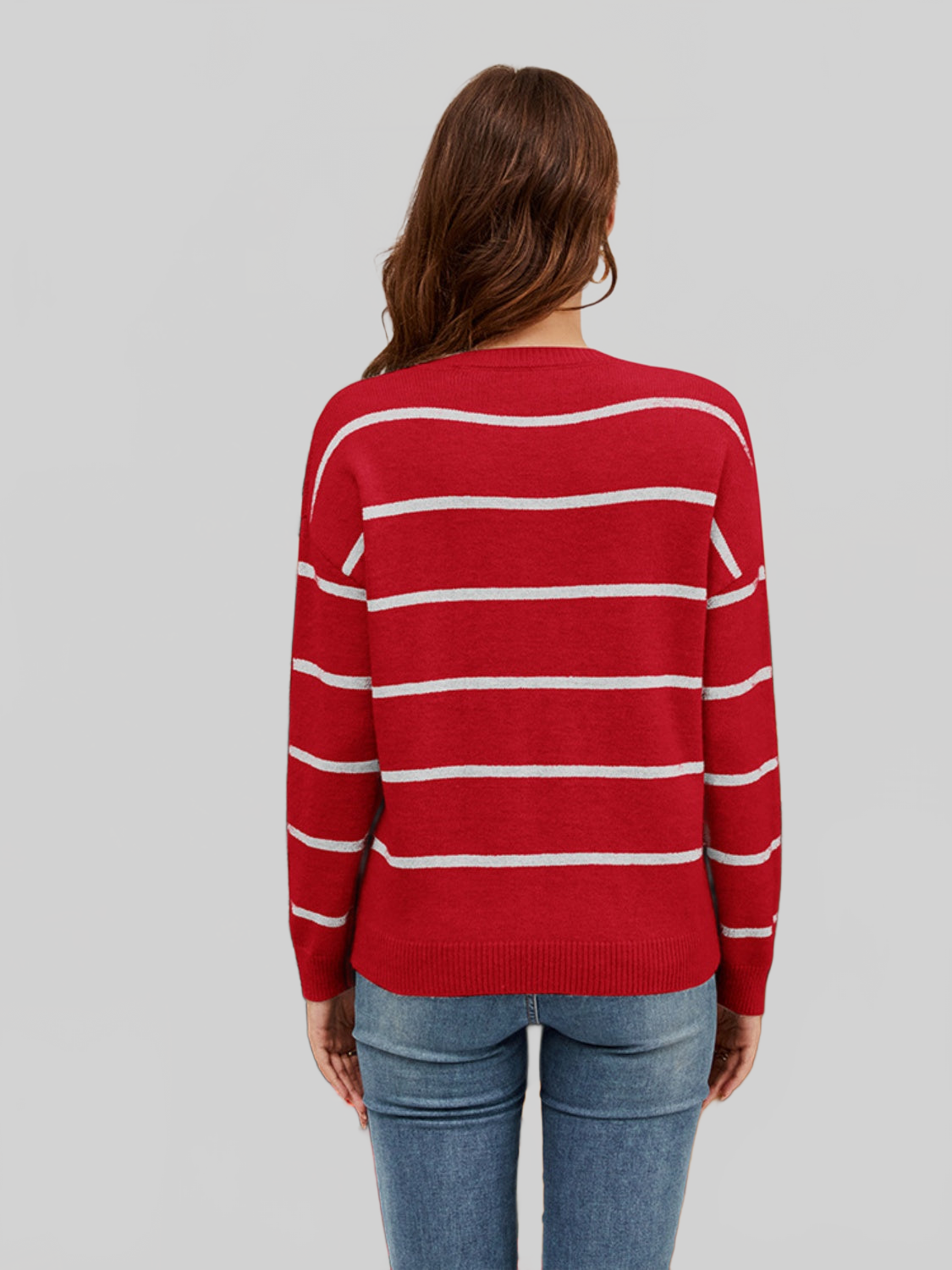 Women Sequin Santa Striped Round Neck Long Sleeve Sweater nicholesgifts
