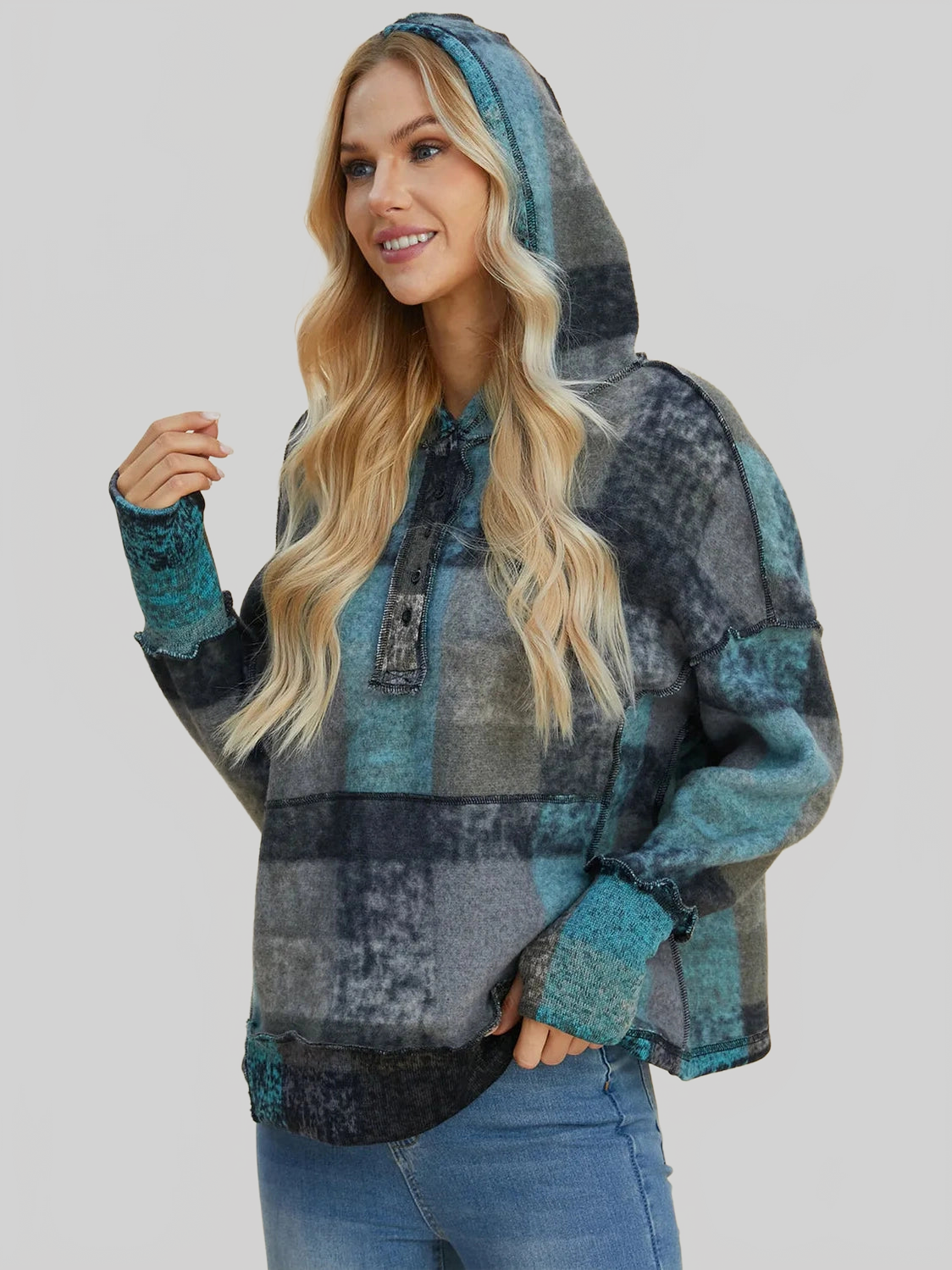 Double Take Full Size Plaid Dropped Shoulder Fleece Hoodie NicholesGifts