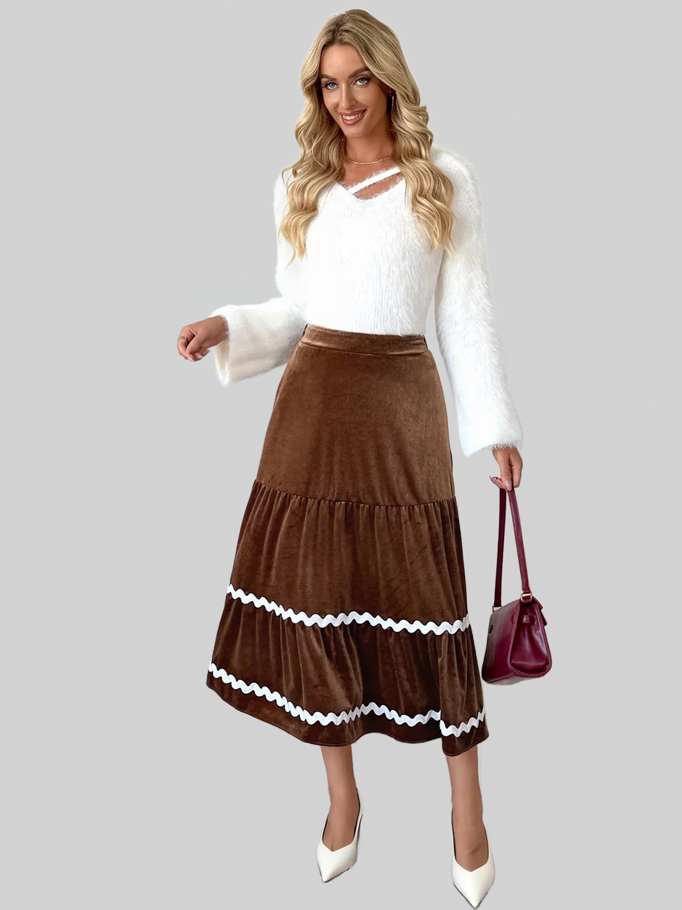 Women Velvet Tiered Midi Skirt nicholesgifts