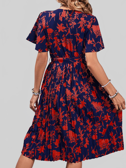 Perfee Printed Round Neck Short Sleeve Dress NicholesGifts