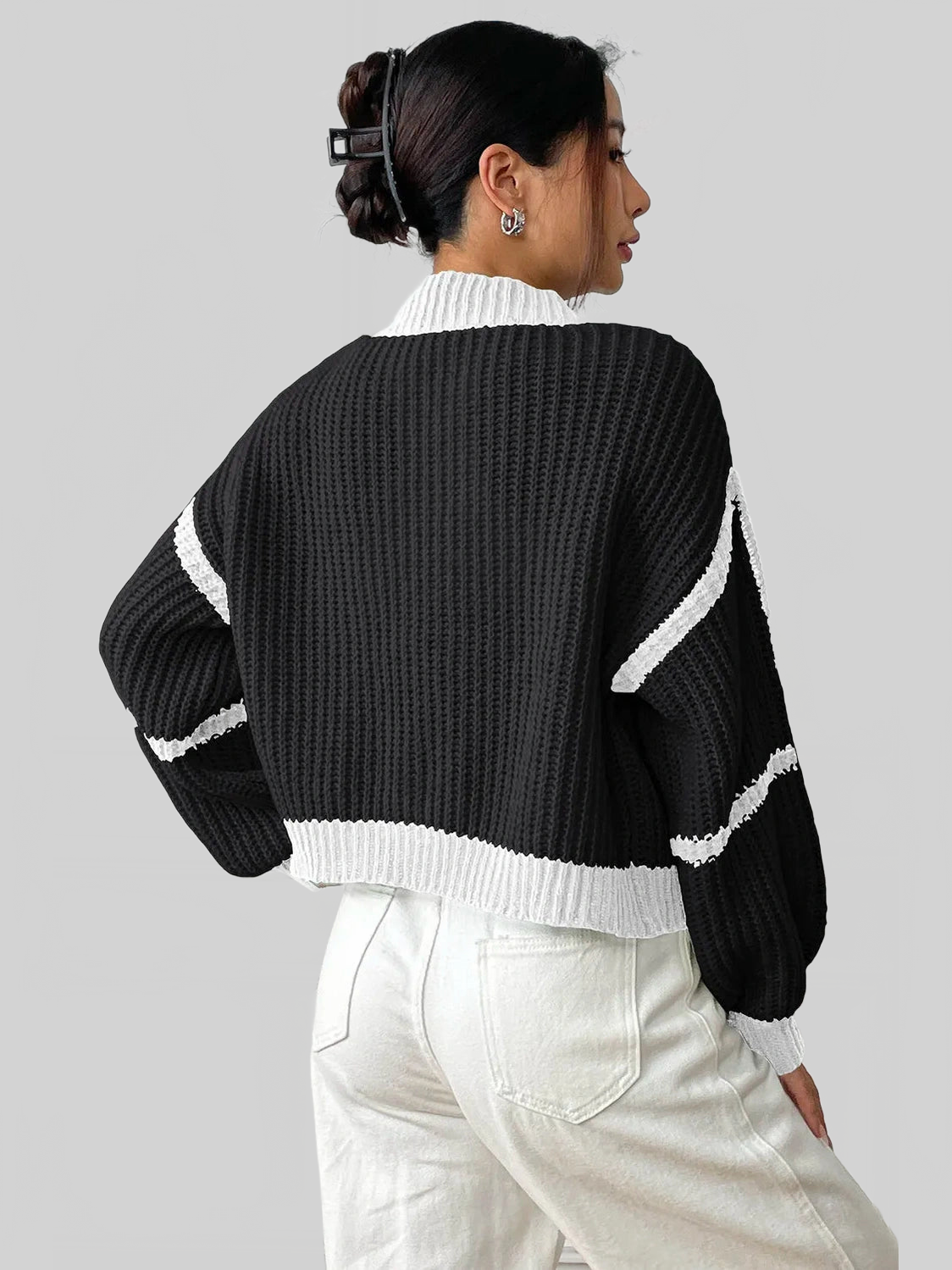 Women Contrast Open Front Long Sleeve Cardigan nicholesgifts