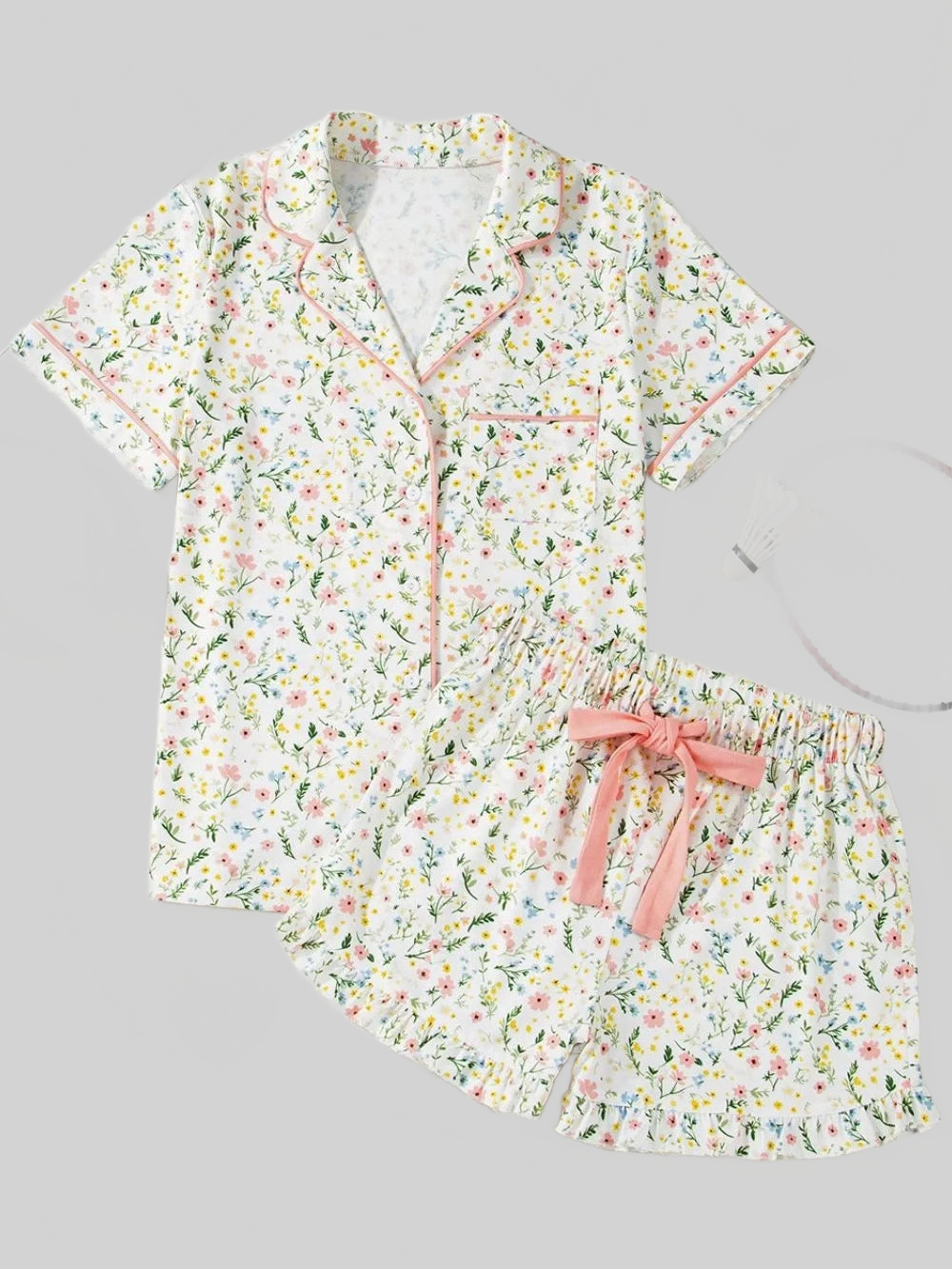 Printed Button Up Short Sleeve Top and Shorts Lounge Set nicholesgifts