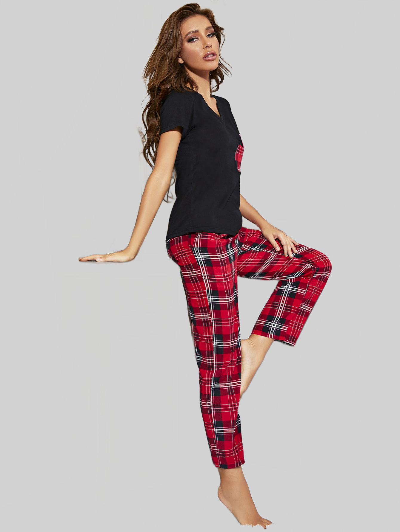 Heart Graphic V-Neck Top and Plaid Pants Lounge Set nicholesgifts