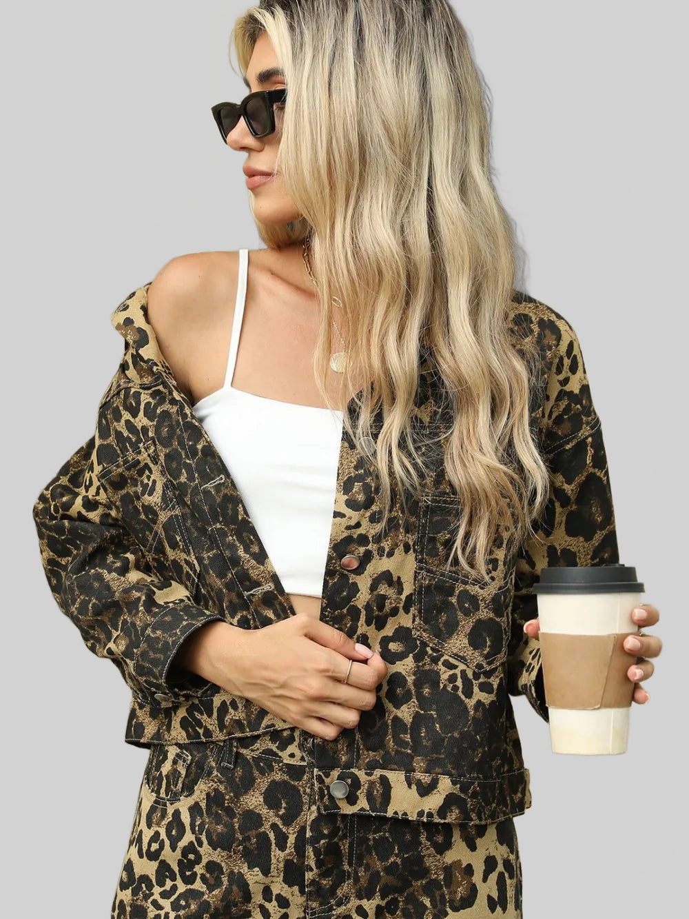 Pocketed Leopard Long Sleeve Denim Jacket nicholesgifts