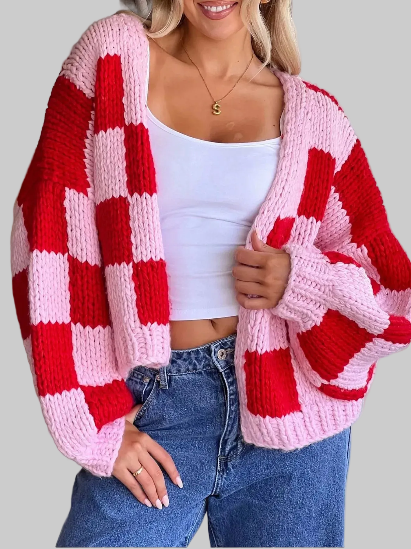 Checkered Open Front Long Sleeve Cardigan nicholesgifts