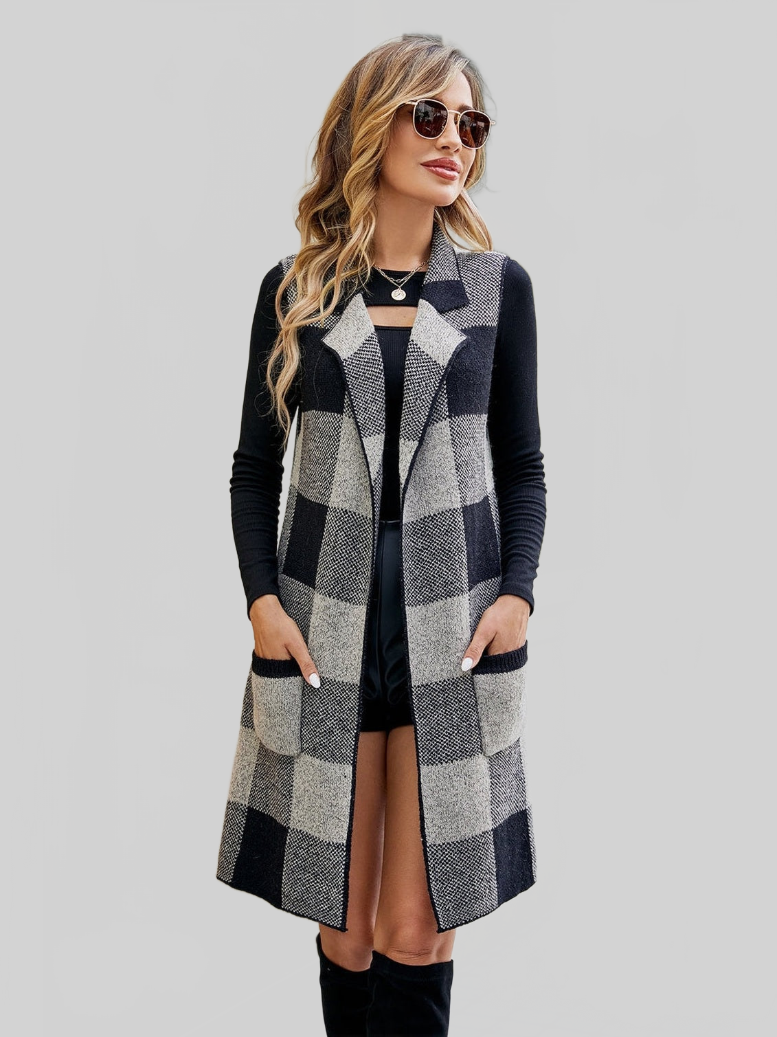NicholesGifts Women Plaid Open Front Sleeveless Cardigan with Pockets NicholesGifts