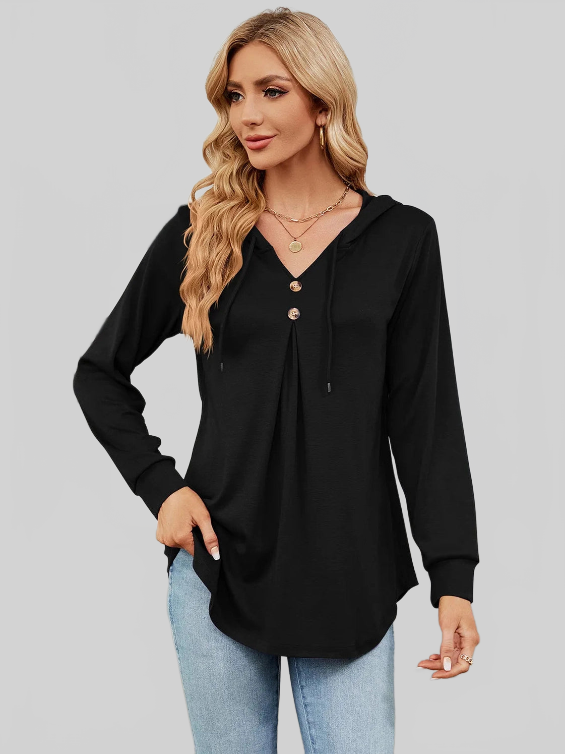 Decorative Button Drawstring Long Sleeve Hoodie NicholesGifts