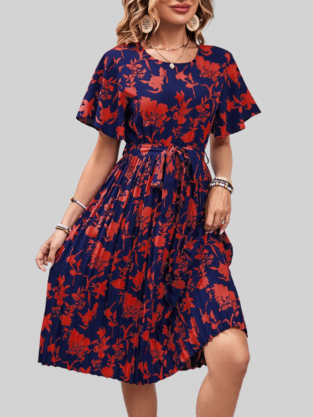 Perfee Printed Round Neck Short Sleeve Dress nicholesgifts