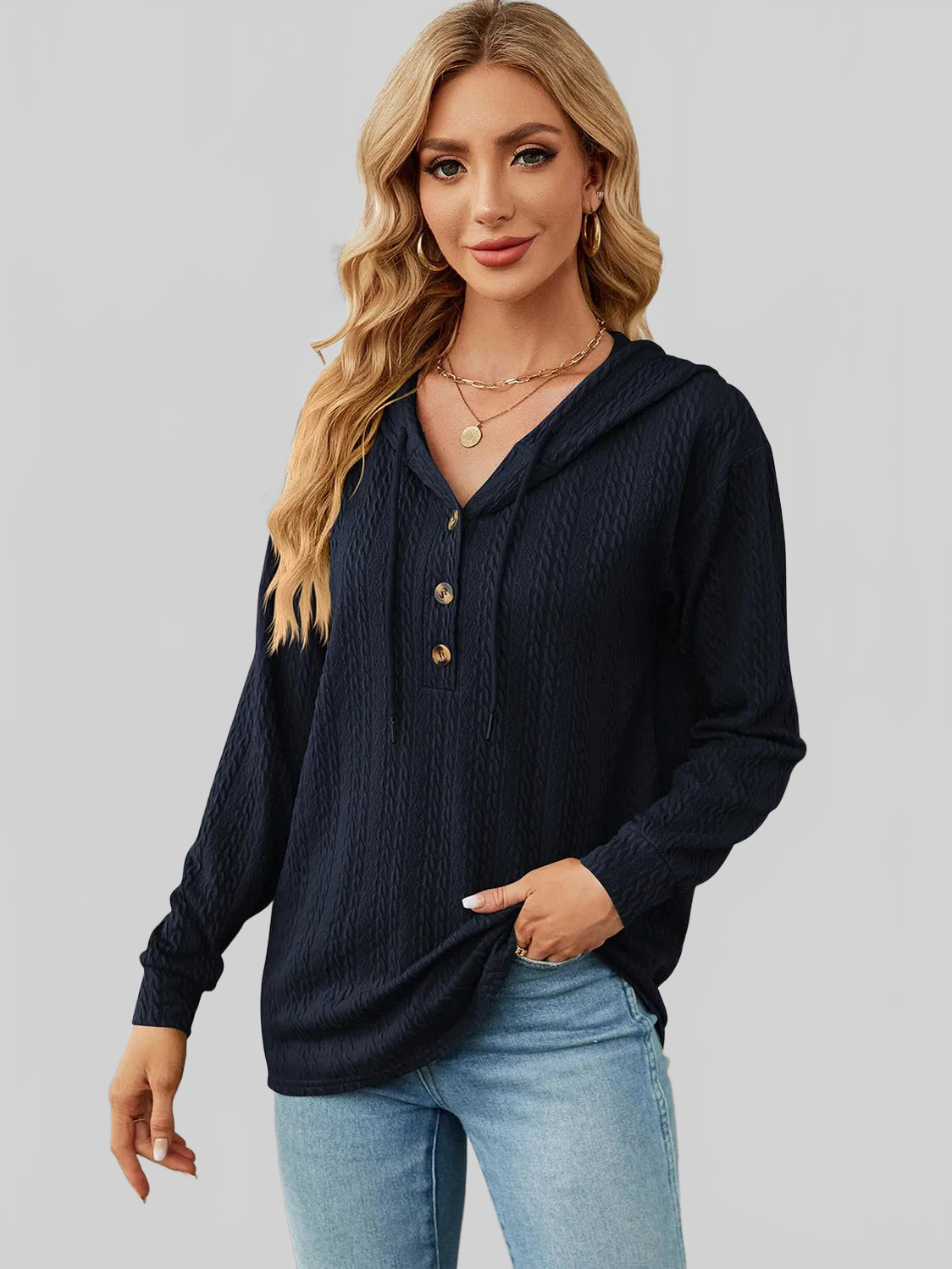 Drawstring Half Button Long Sleeve Hoodie nicholesgifts