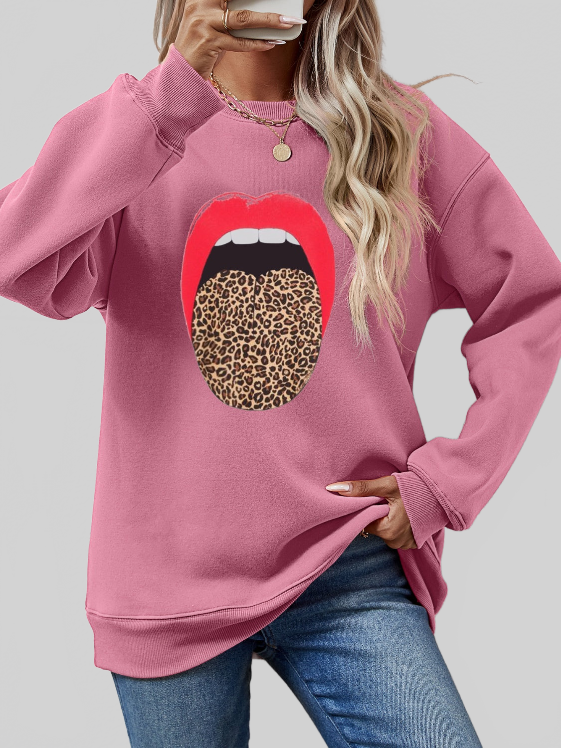 Women Leopard Lip Graphic Round Neck Sweatshirt NicholesGifts