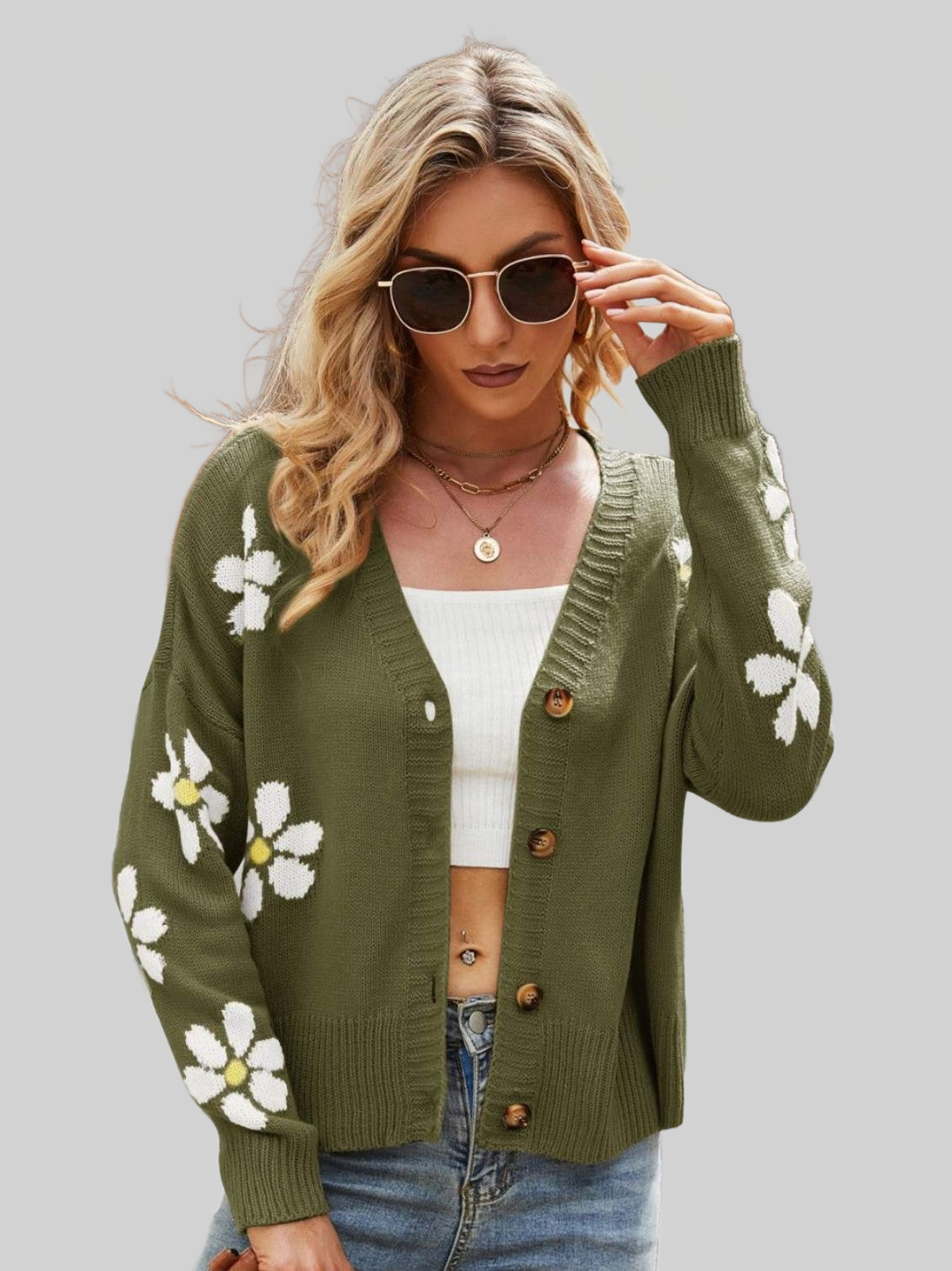 Floral Ribbed Trim Drop Shoulder Cardigan nicholesgifts