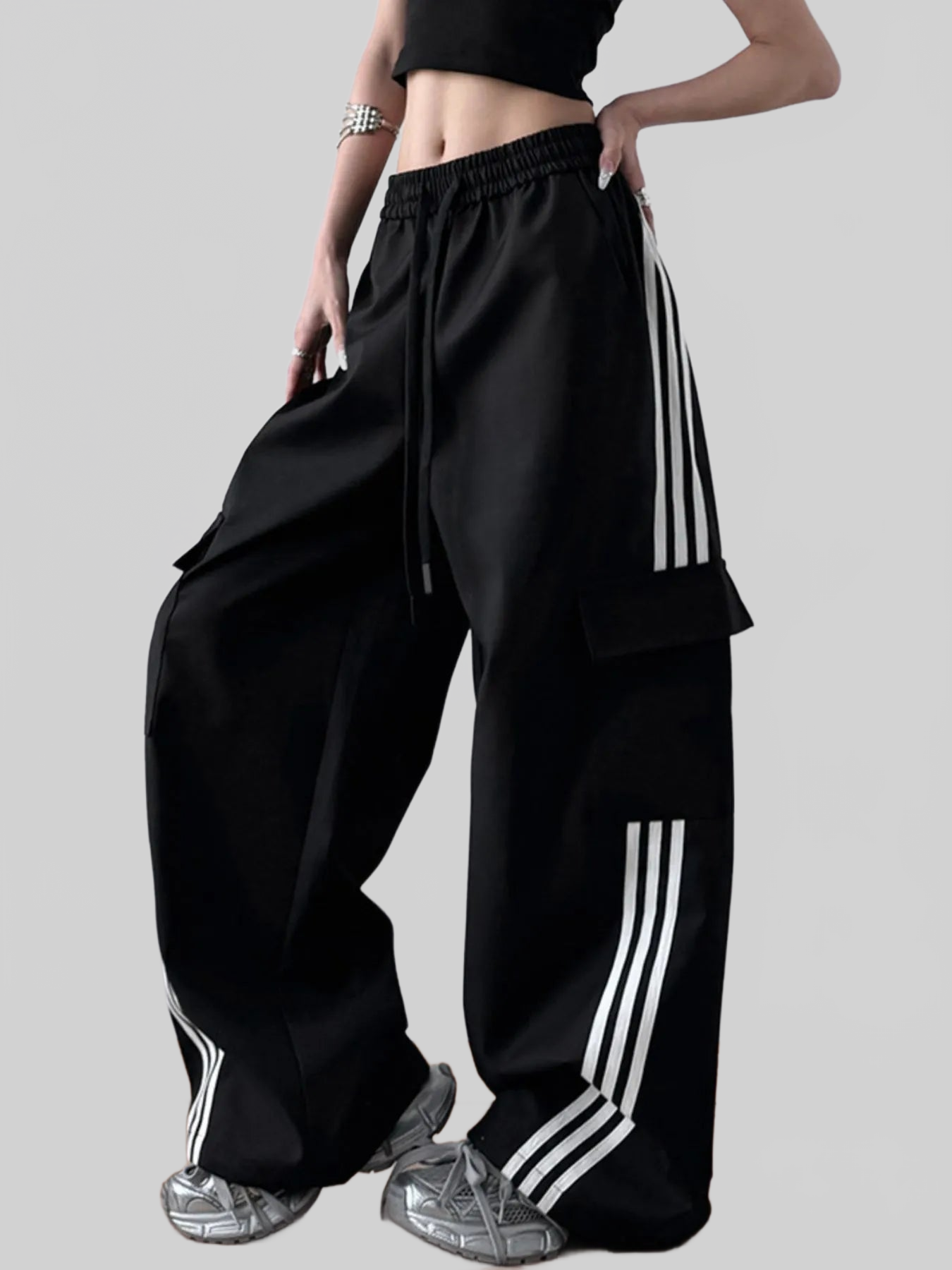 Women Striped Wide Leg Cargo Pants nicholesgifts