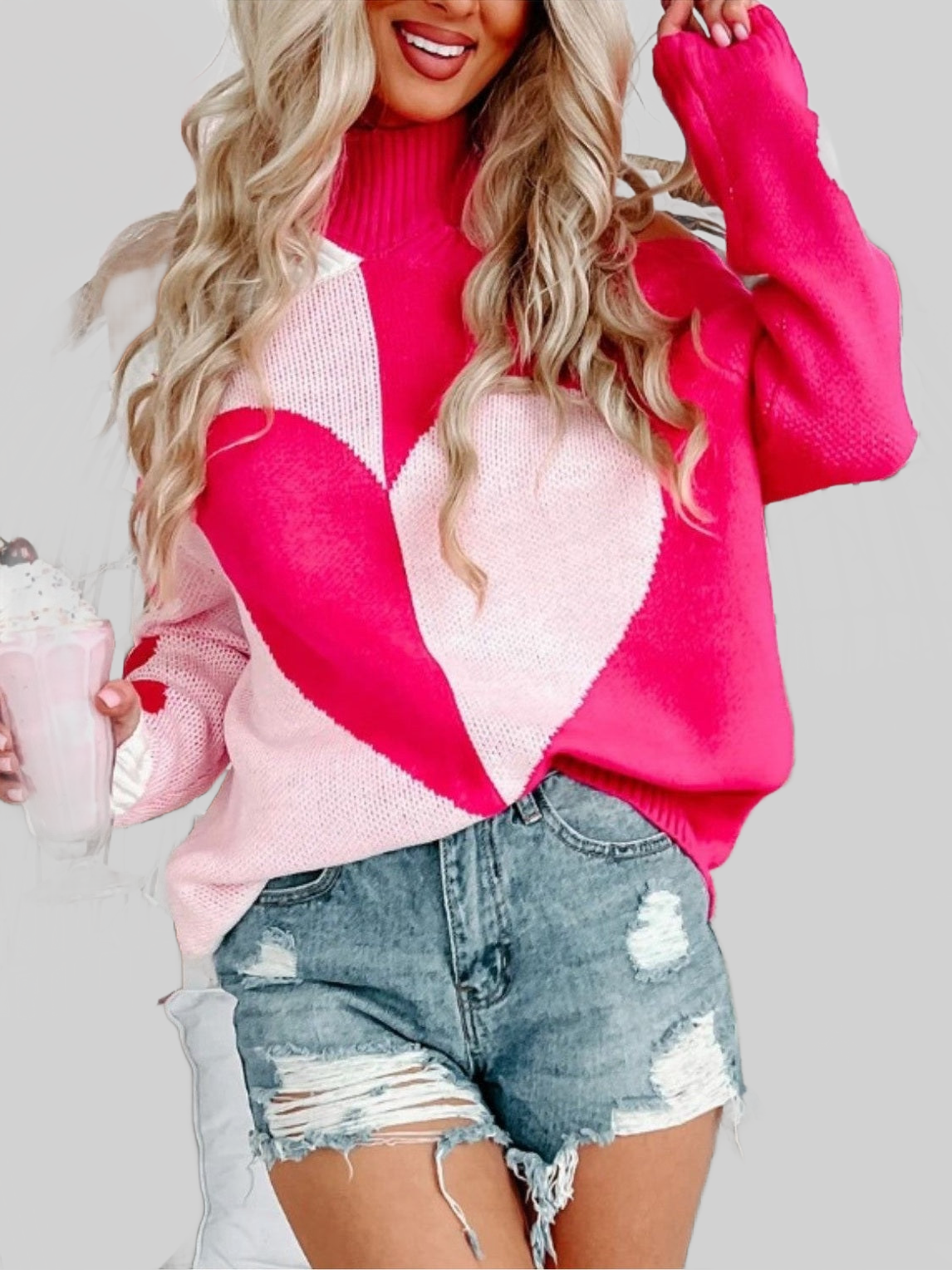 Women Valentine's Day Heart Turtleneck Cold Shoulder Sweater NicholesGifts