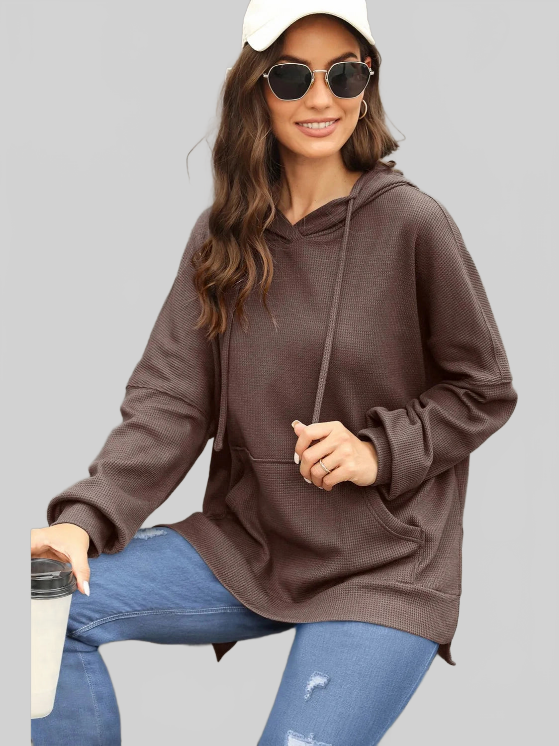 Waffle-Knit Long Sleeve Hoodie nicholesgifts