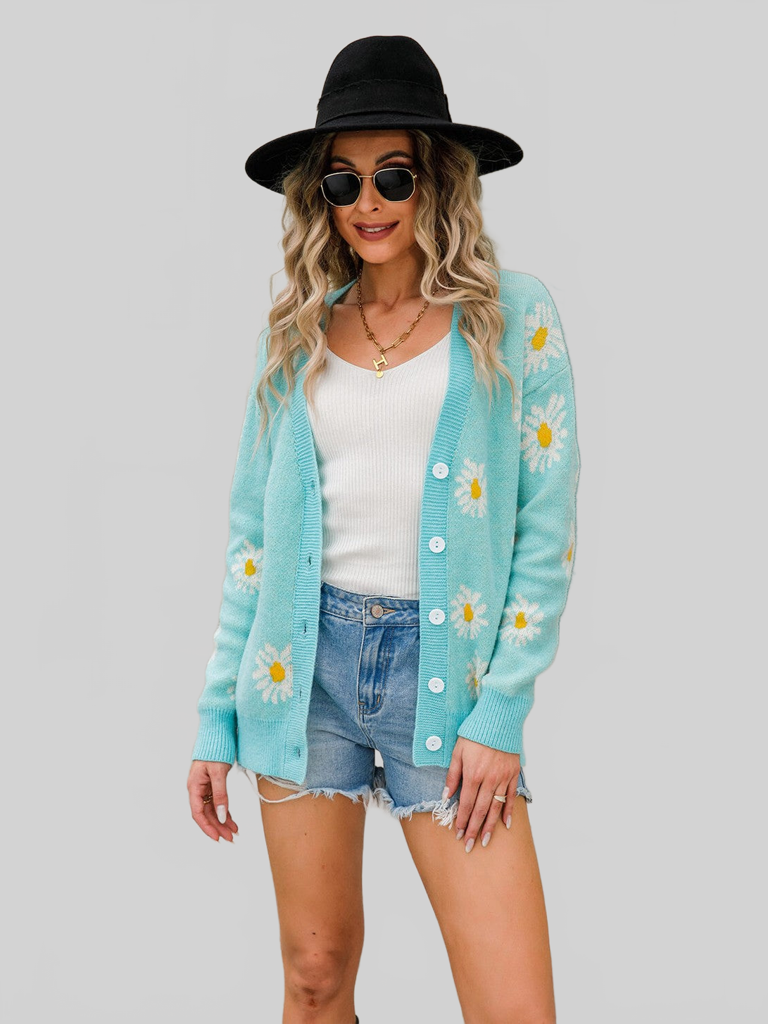 Angel Wings Daisy Pattern Button Front Cardigan nicholesgifts