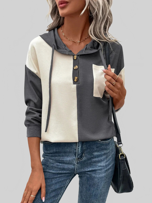 NicholesGifts Women Drawstring Quarter Button Contrast Long Sleeve Hoodie NicholesGifts