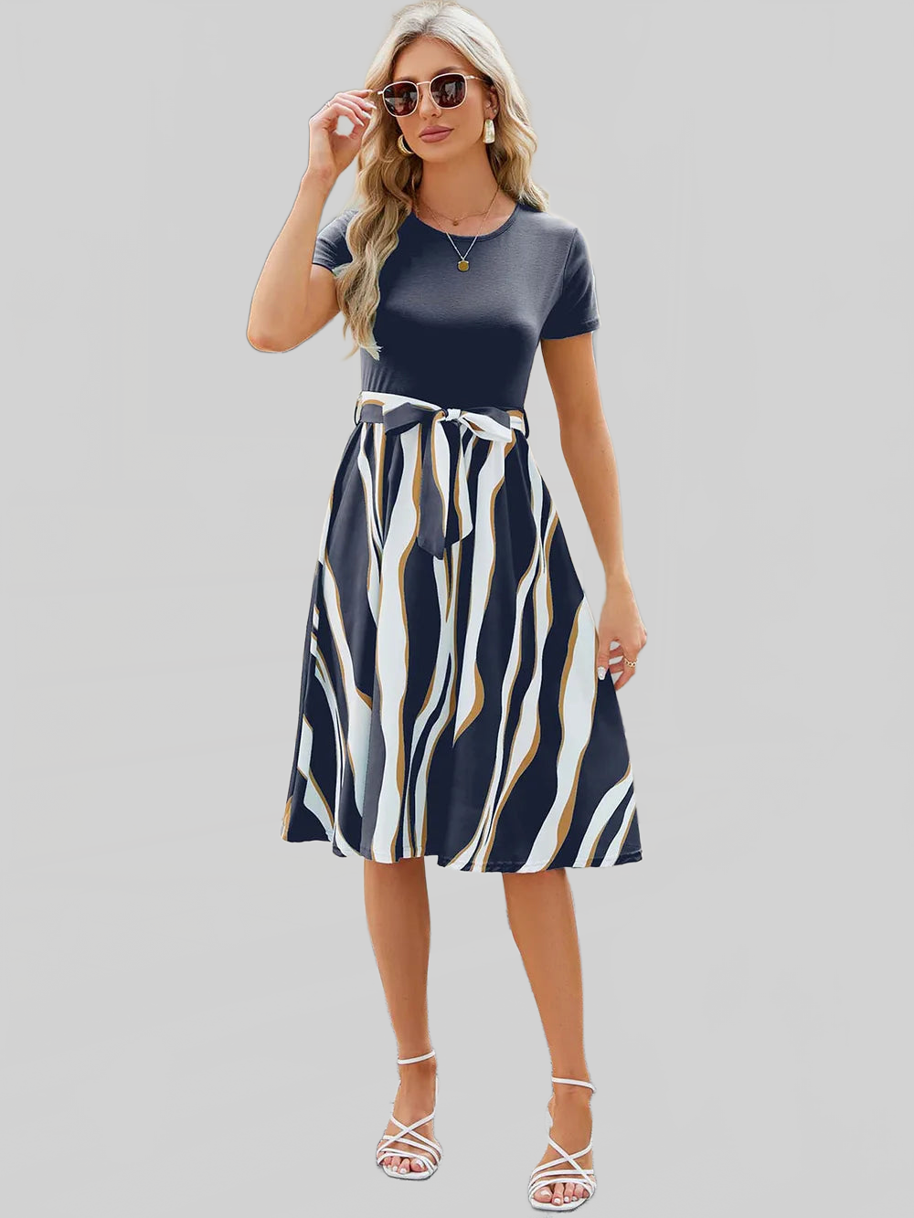 Printed Tie Waist Short Sleeve Dress nicholesgifts