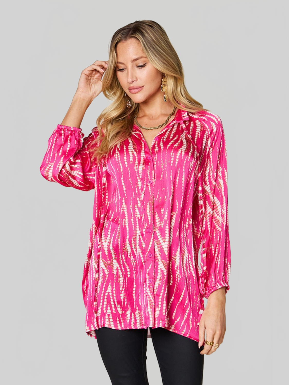 Women Double Take Full Size Printed Button Up Long Sleeve Shirt NicholesGifts