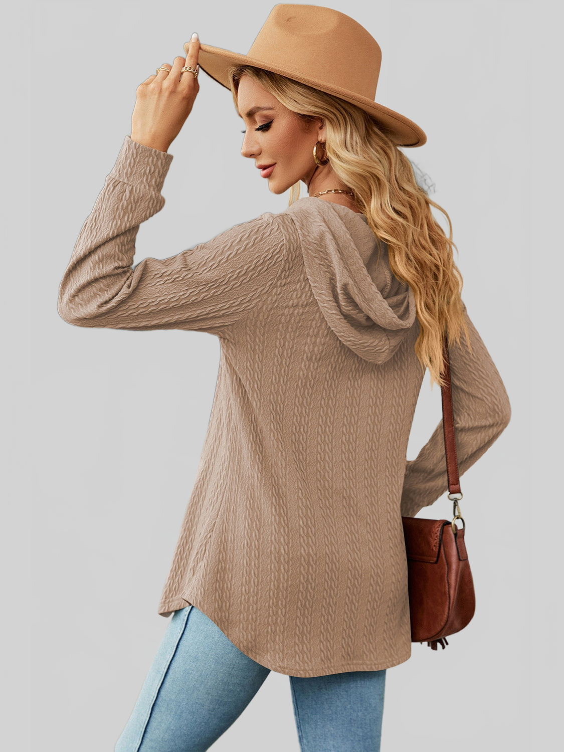 Women Decorative Button Drawstring Long Sleeve Hoodie nicholesgifts