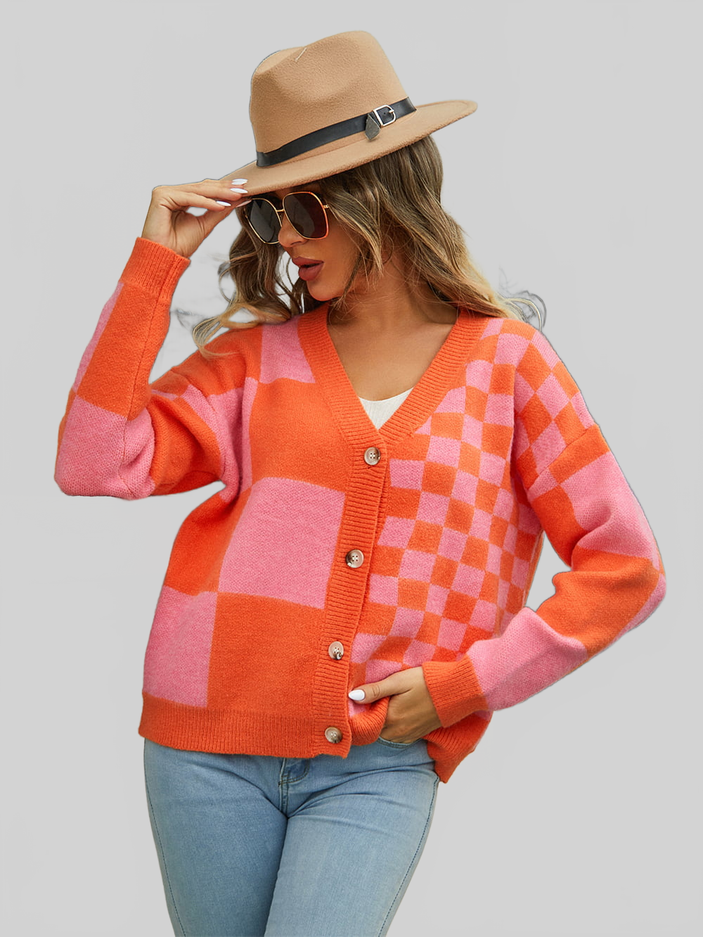 Angel Wings Plaid V-Neck Dropped Shoulder Cardigan nicholesgifts