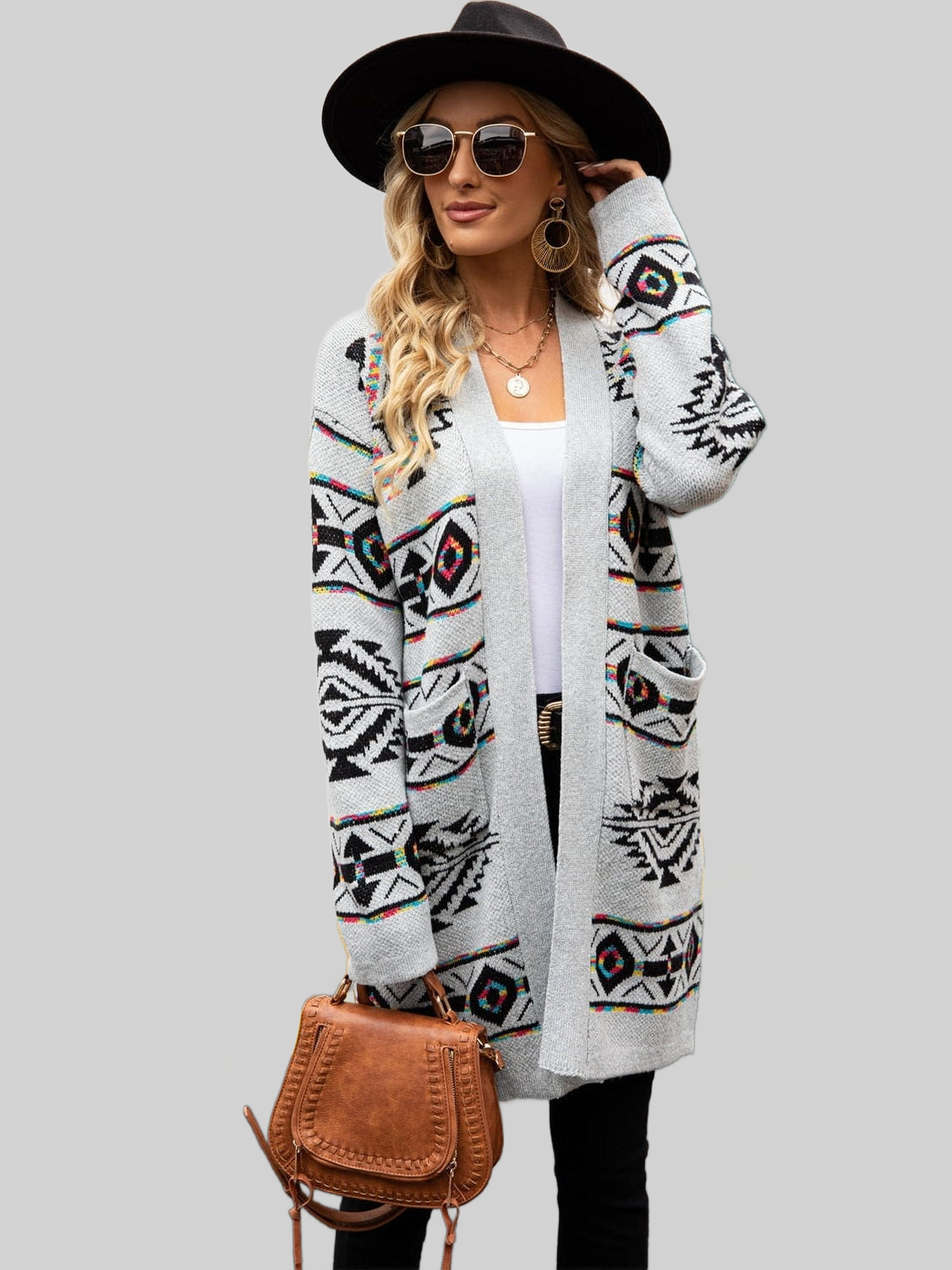 Women Printed Long Sleeve Cardigan with Pocket NicholesGifts