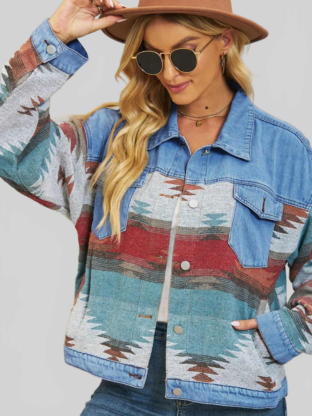 Geometric Button Up Dropped Shoulder Denim Jacket nicholesgifts