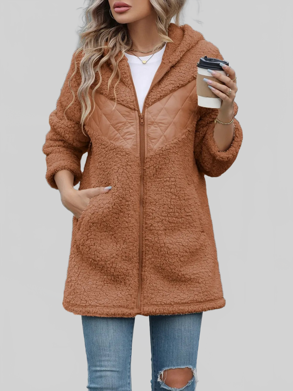 Fuzzy Zip Up Long Sleeve Hooded Jacket nicholesgifts