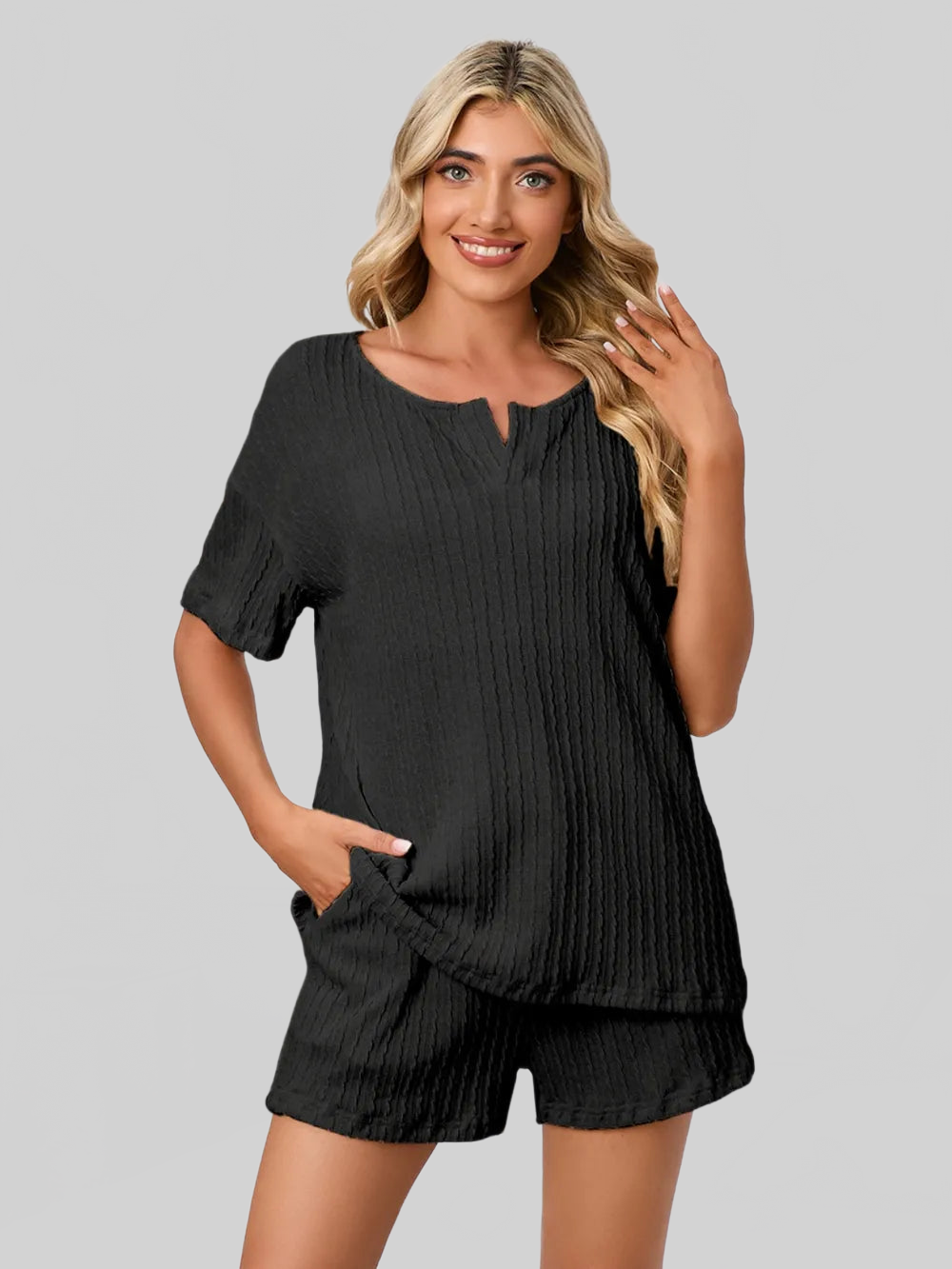 Notched Short Sleeve and Shorts Lounge Set nicholesgifts