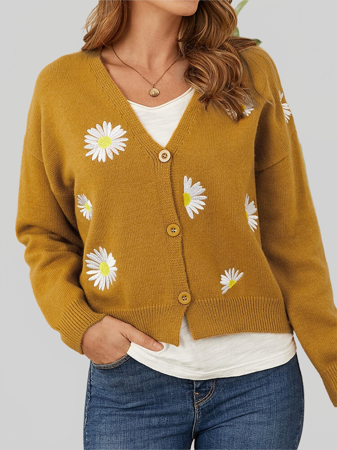 Women Flower Button Front Dropped Shoulder Cardigan NicholesGifts