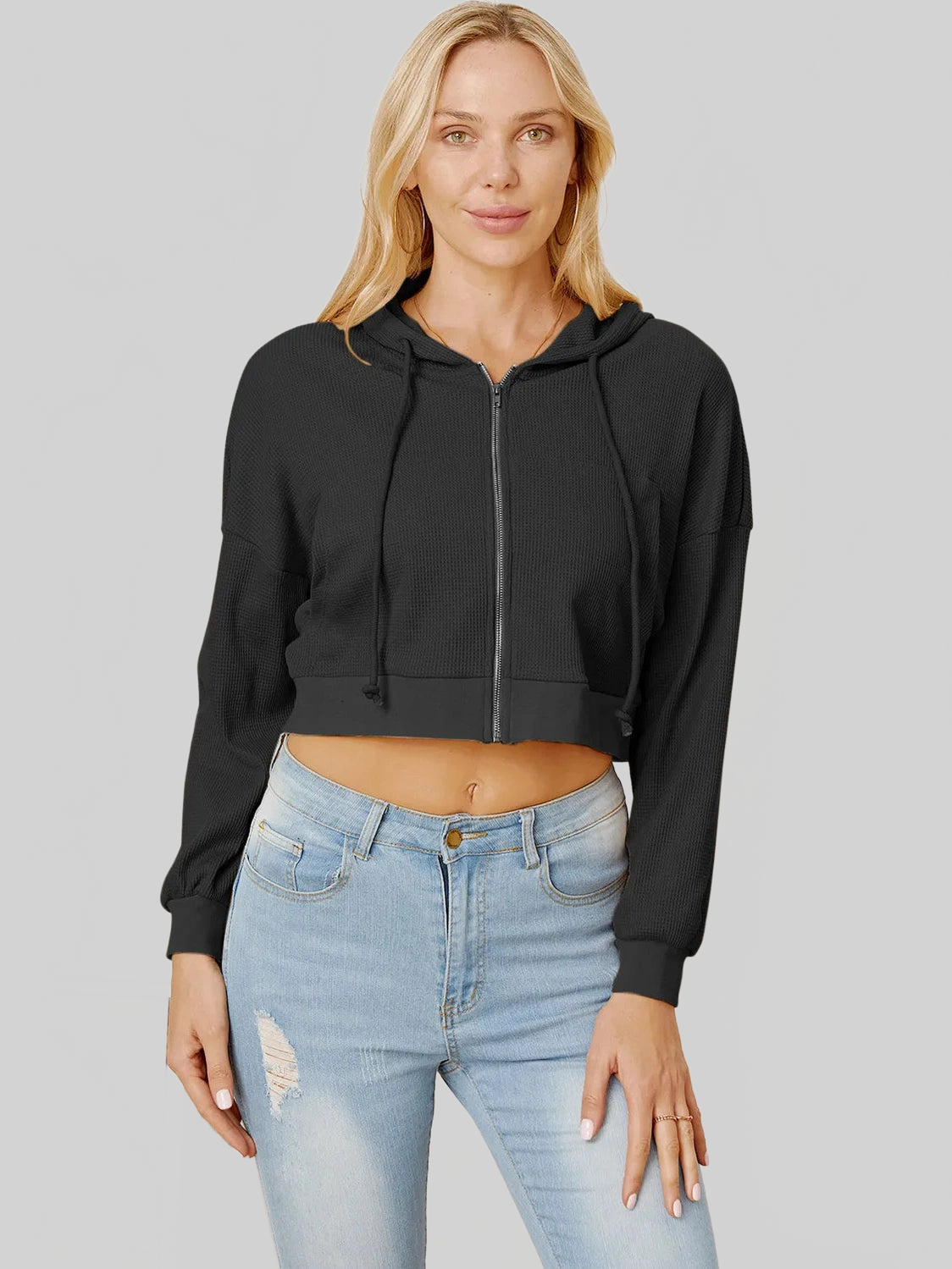 Waffle-Knit Drawstring Zip Up Hoodie NicholesGifts