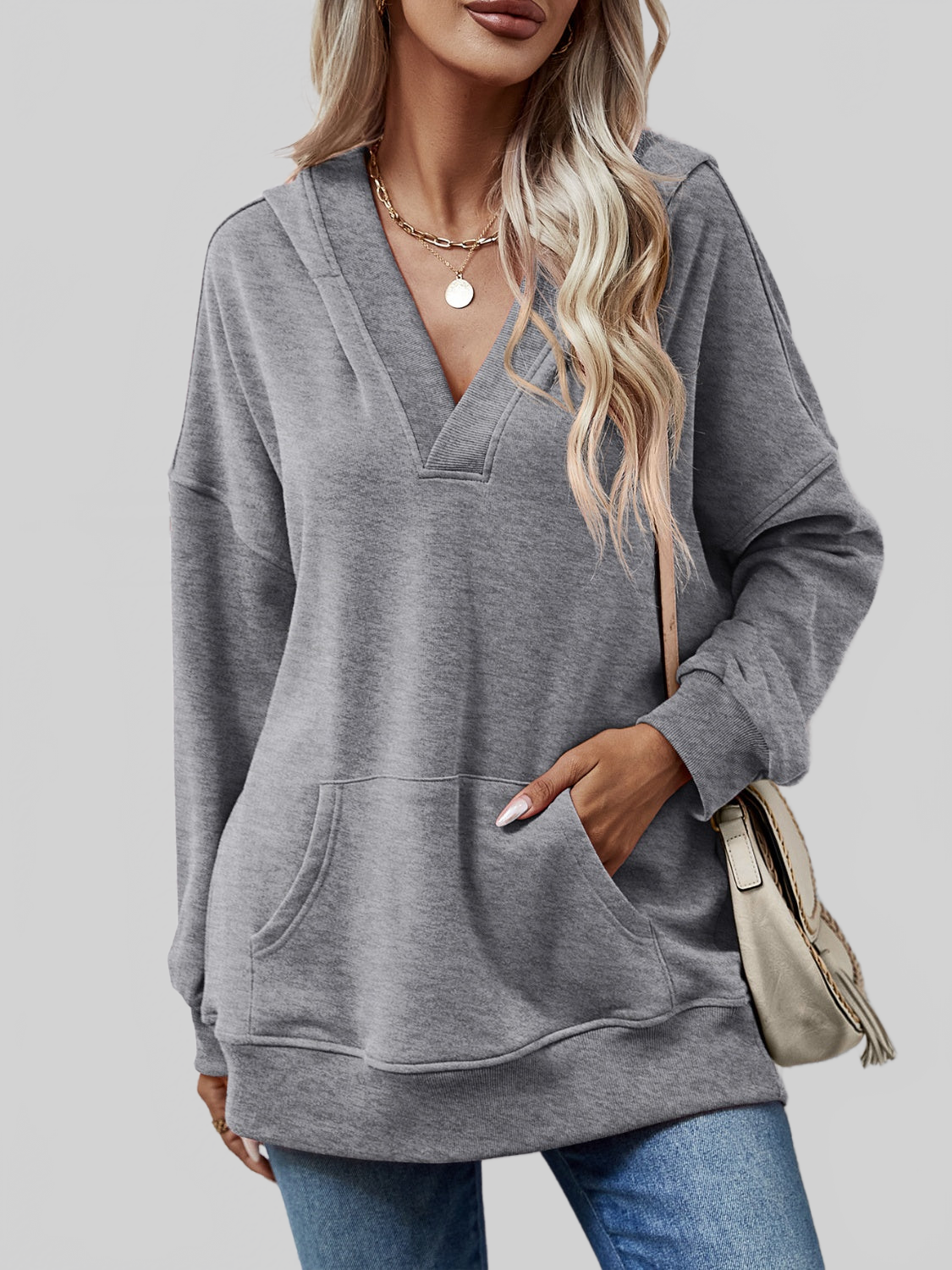 NicholesGifts Women V-Neck Drop Shoulder Long Sleeve Hoodie nicholesgifts