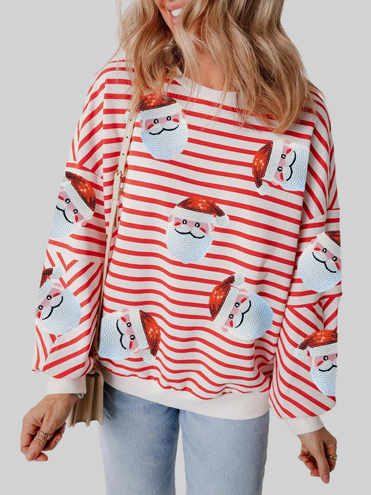 Women Christmas Sequin Santa Striped Round Neck Long Sleeve Sweatshirt nicholesgifts
