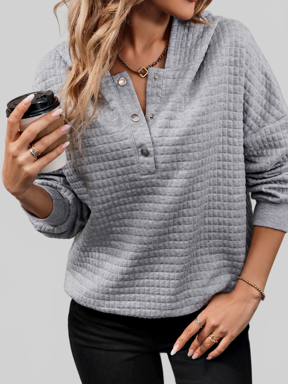 Perfee Waffle-Knit Half Button Hoodie NicholesGifts