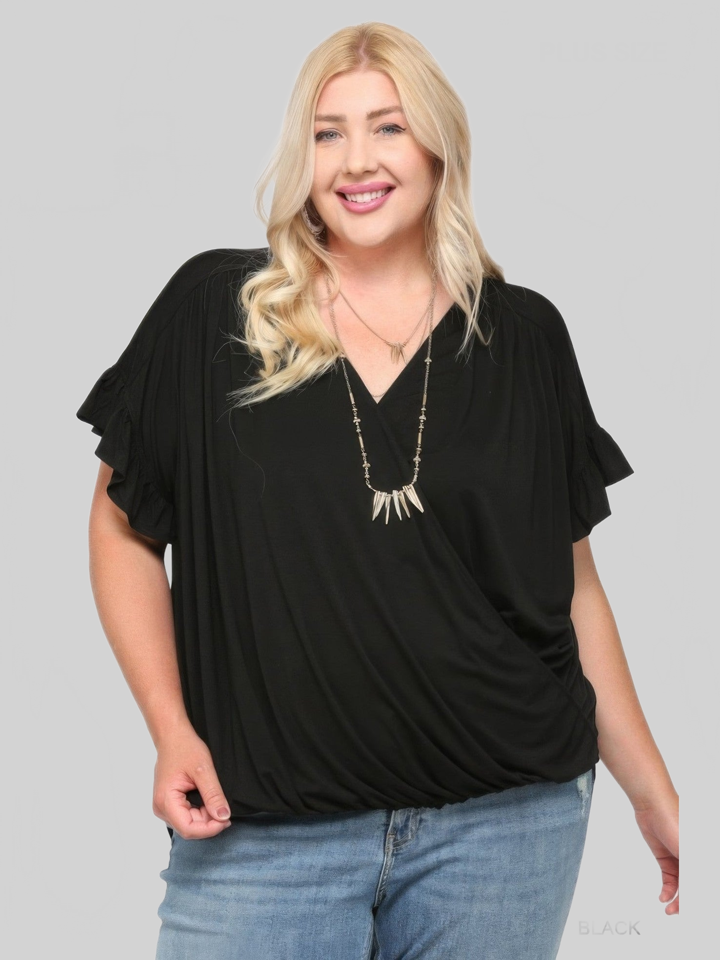 Plus Size Women Solid Black Knit Surplice Top With Ruffle Sleeve NicholesGifts