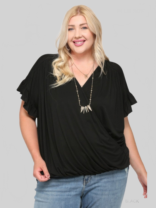 Plus Size Women Solid Black Knit Surplice Top With Ruffle Sleeve NicholesGifts
