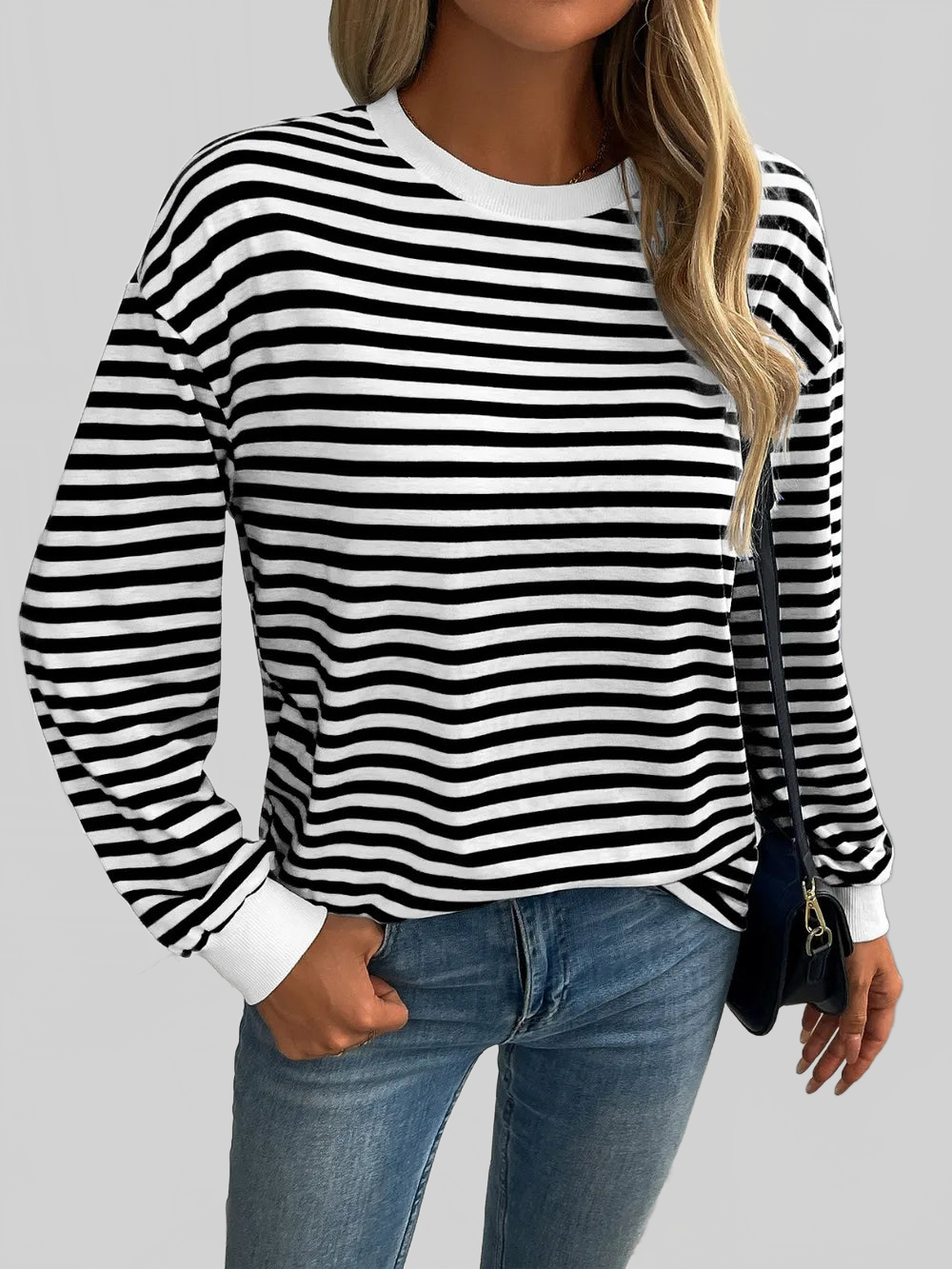 Women Ivy Lane Striped Round Neck Long Sleeve Sweatshirt nicholesgifts