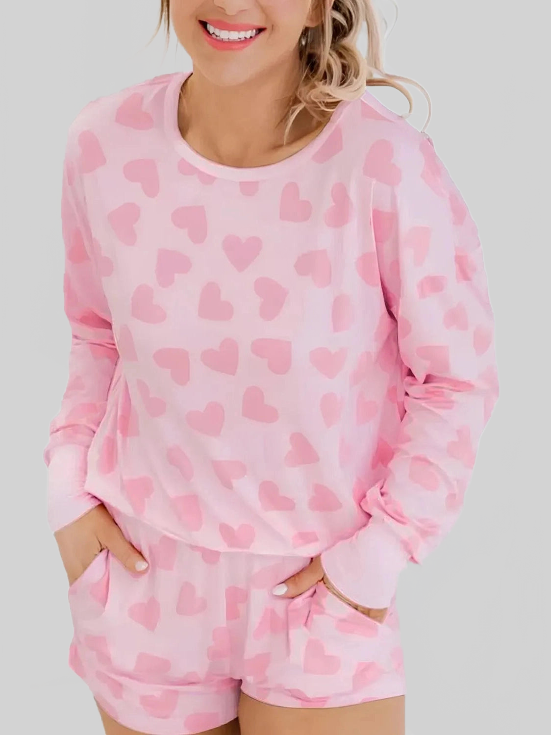 Heart Print Long Sleeve Top and Shorts Lounge Set nicholesgifts
