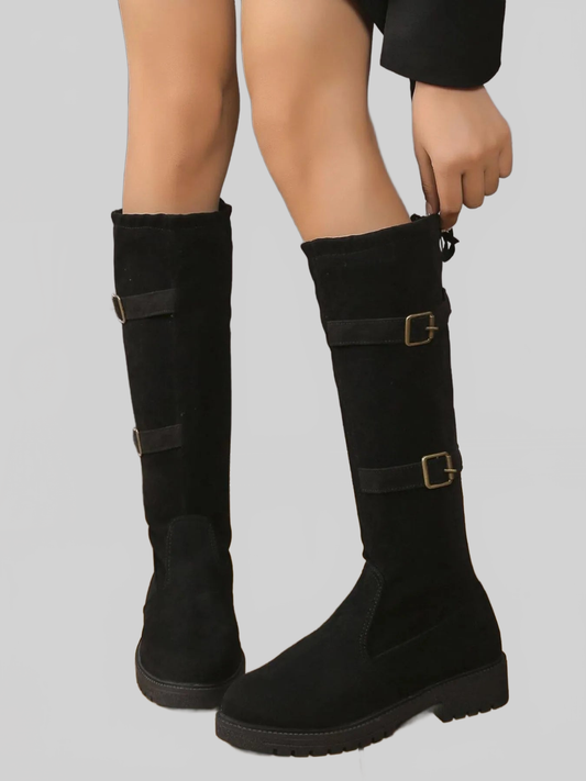 Suede Knee-High Combat Boots with Double Buckle Straps NicholesGifts