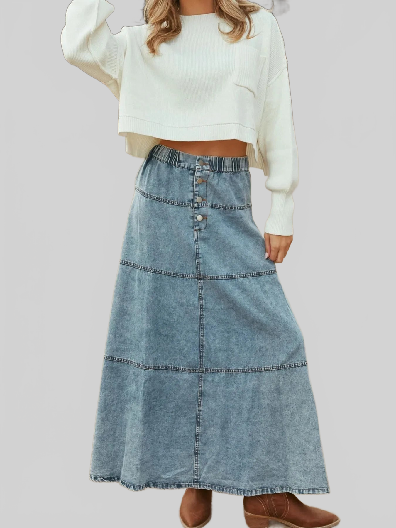 Women Button-Front Tiered Maxi Denim Skirt nicholesgifts
