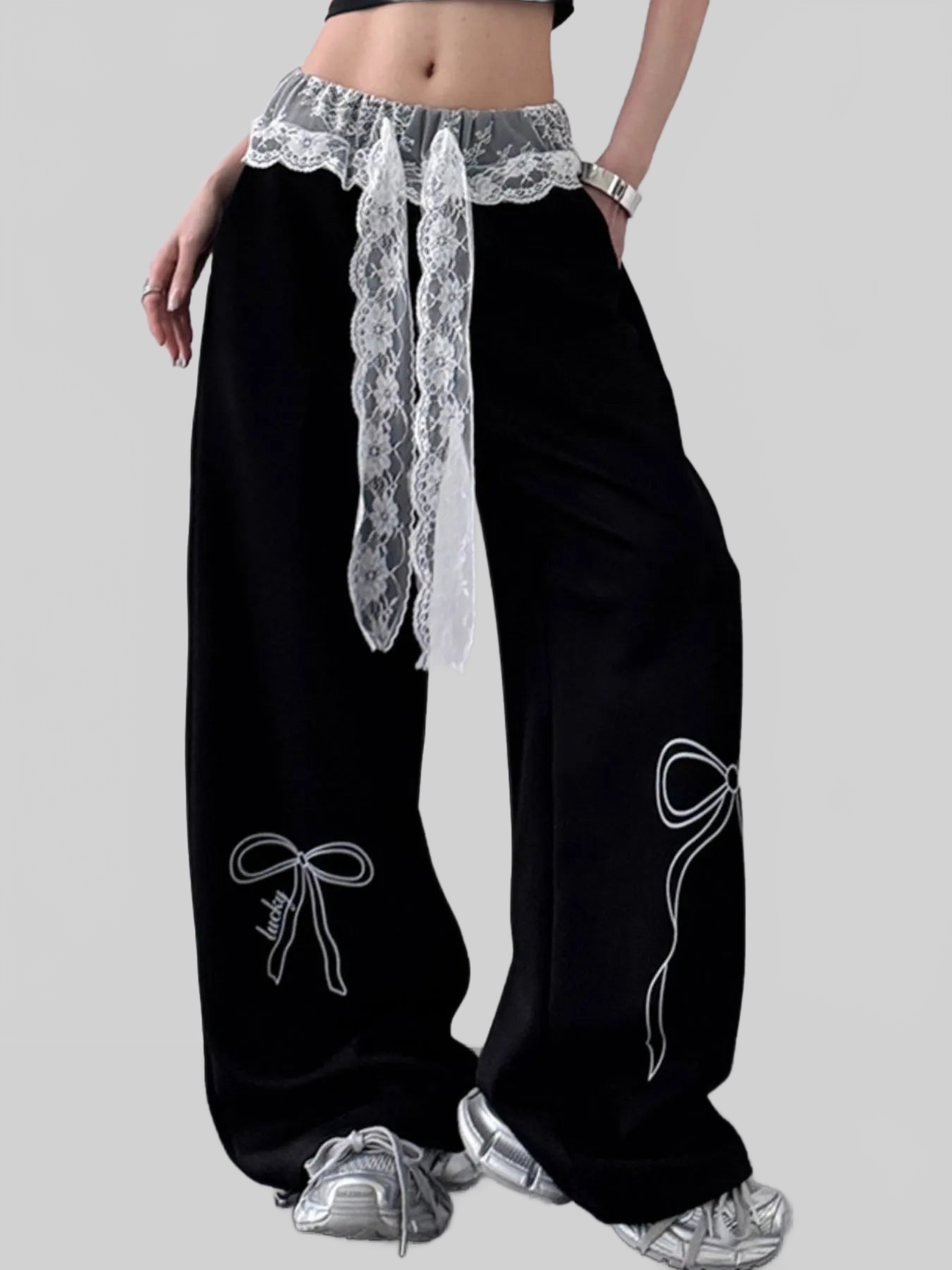 Women Wide Leg Pants with Lace Belt Detail nicholesgifts
