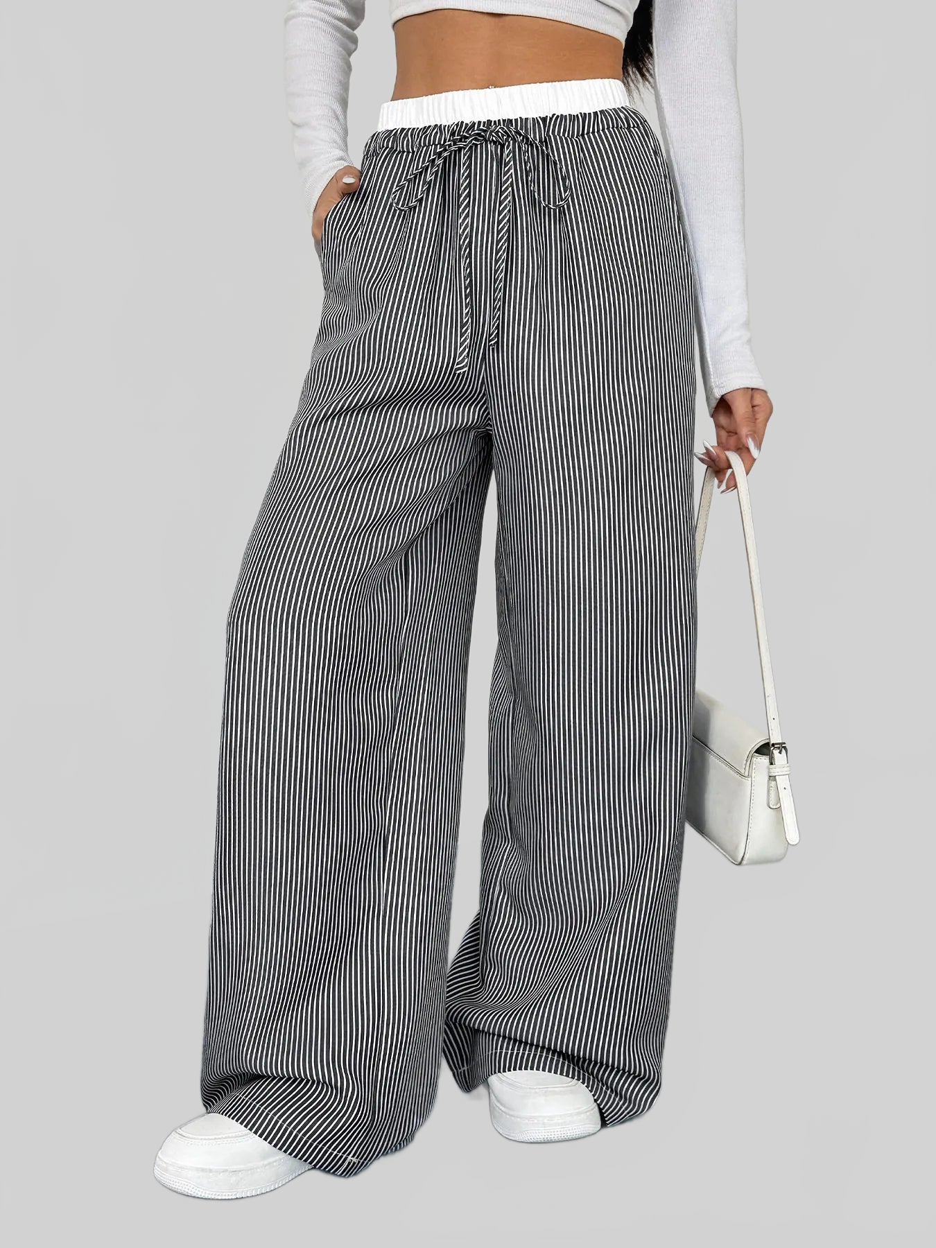 Women Striped Wide Leg Drawstring Pants nicholesgifts