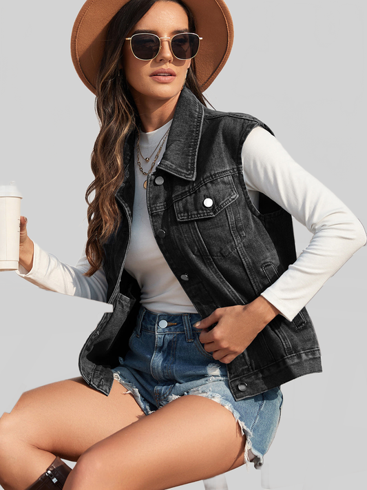 NicholesGifts Women Collared Neck Sleeveless Denim Jacket NicholesGifts