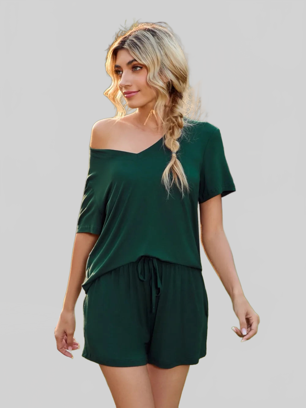 V-Neck Short Sleeve Top and Pocketed Shorts Lounge Set nicholesgifts